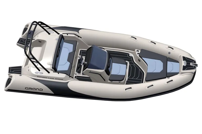 Slide: The Image of 2026 Grand Inflatables G500 boat, top view, sleek design, modern seating, and spacious layout. - 5