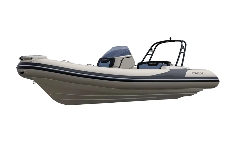 Slide: The Image of 2026 Grand Inflatables G500 boat, sleek design, side view, beige and black color scheme. - 17