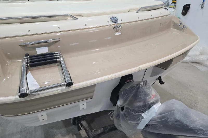 Slide: The Image of 1996 Larson LXi 218 boat stern with swim ladder and covered outboard motor. - 39