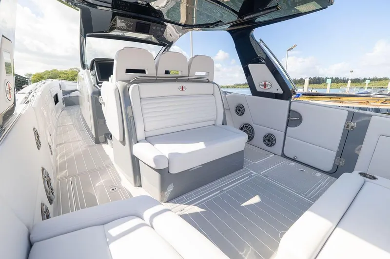 Slide: The Image of Luxurious interior of 2026 Cigarette 42' Auroris boat with sleek seating and modern design. - 4