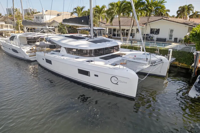The Image of 2019 Lagoon 42 catamaran docked by waterfront homes, surrounded by palm trees. - 0