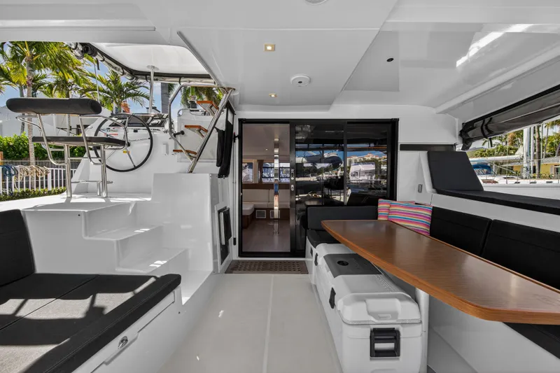 Slide: The Image of 2019 Lagoon 42 yacht interior with seating, table, and helm station. - 13