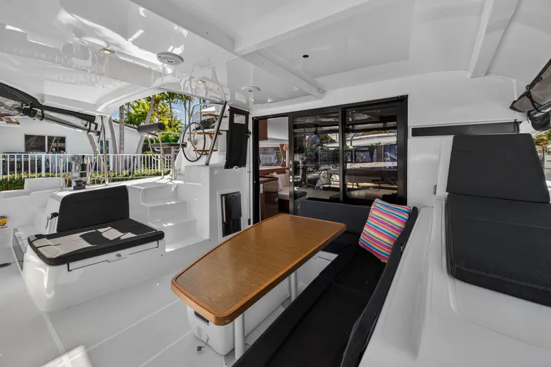 Slide: The Image of 2019 Lagoon 42 yacht interior with seating, table, and helm station. - 14
