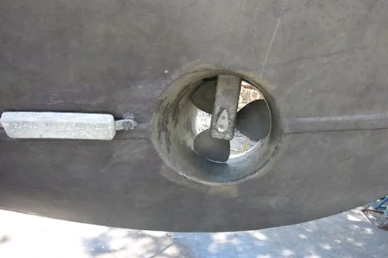 Slide: The Image of Close-up of 1982 Custom Virpack Steelhull boat propeller and hull detail. - 31