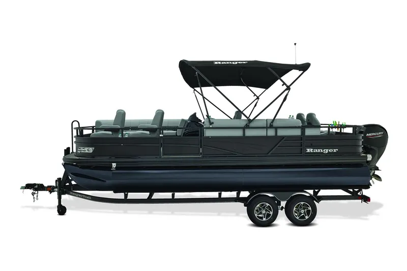 Slide: The Image of Manufacturer Provided Image: 2026 Ranger 220FC pontoon boat with canopy and trailer, side view. - 5