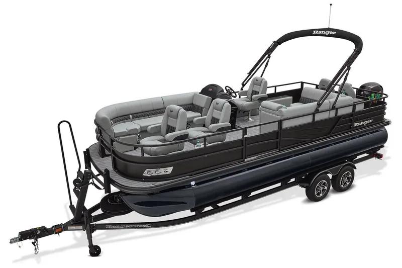 Slide: The Image of Manufacturer Provided Image: 2026 Ranger 220FC pontoon boat on trailer, featuring spacious seating and sleek design. - 53