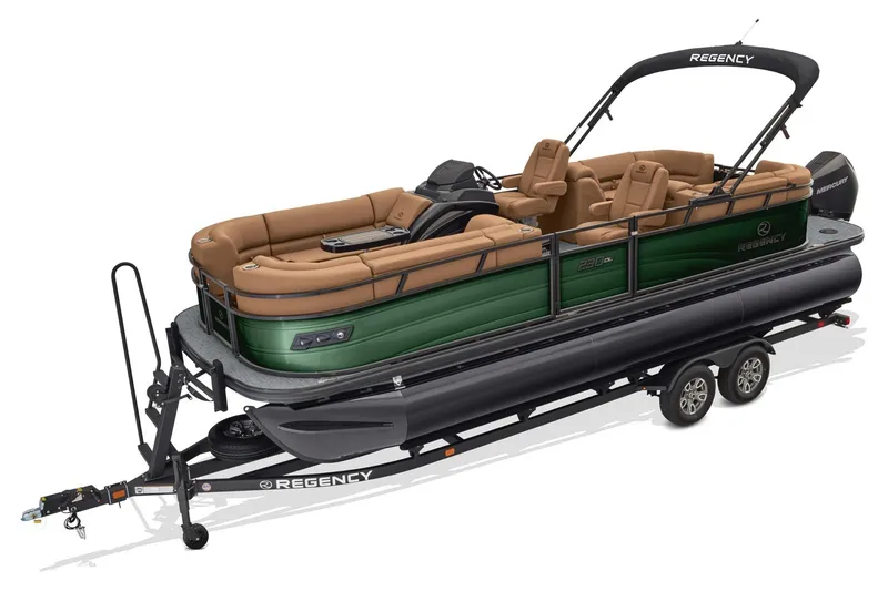 Slide: The Image of 2026 Regency 230 DL pontoon boat on trailer, featuring luxurious seating and sleek design. - 43