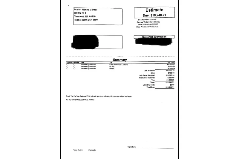 Slide: The Image of Estimate document for Searay 240, 2012 model, detailing repair costs and services. - 13
