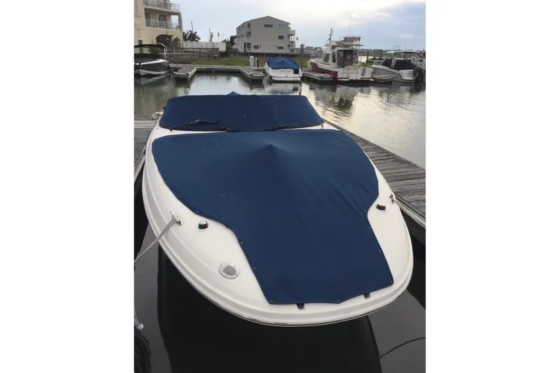 Slide: The Image of Covered 2012 Searay 240 boat docked at marina with clear blue sky. - 2