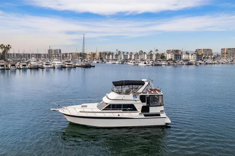 The Image of 1988 Marine Trader Trawler on calm water near marina, under a clear blue sky. - 0