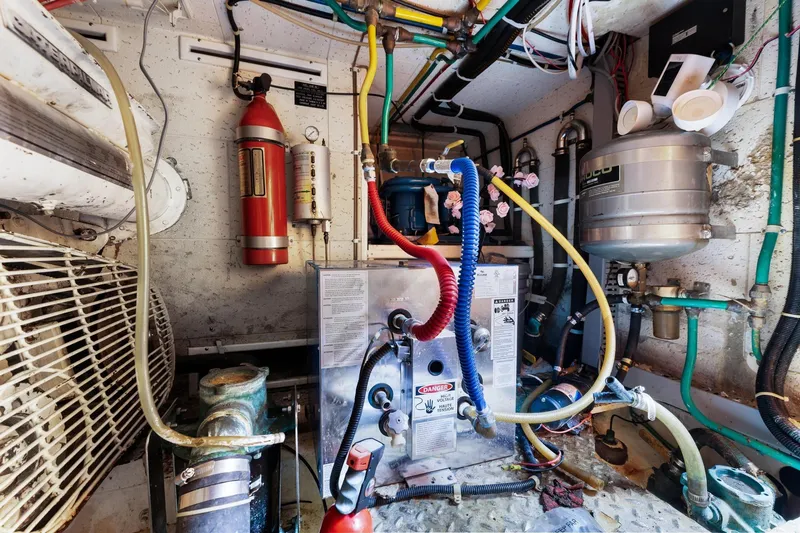 Slide: The Image of Engine room of a 1988 Marine Trader Trawler with various mechanical components and pipes. - 61