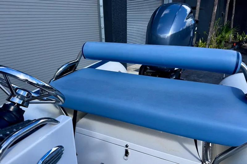 Slide: The Image of 2023 Novurania Catamaran 20 with blue seating and steering wheel, outdoor setting. - 11