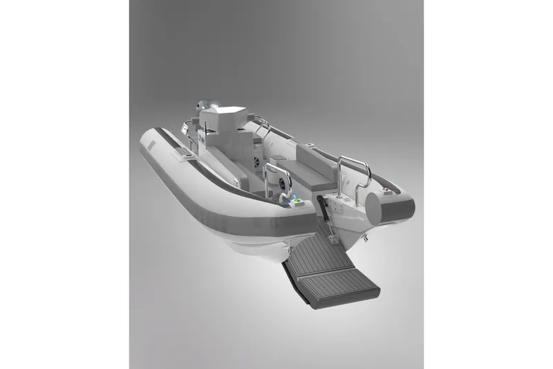 Slide: The Image of 2023 Novurania Catamaran 20, sleek design, open deck, modern features, gray background. - 19