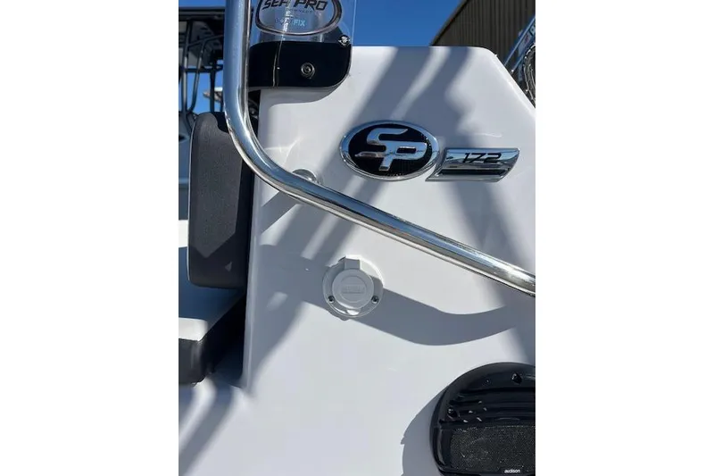 Slide: The Image of 2026 Sea Pro 172 Bay boat console with logo and chrome details. - 4