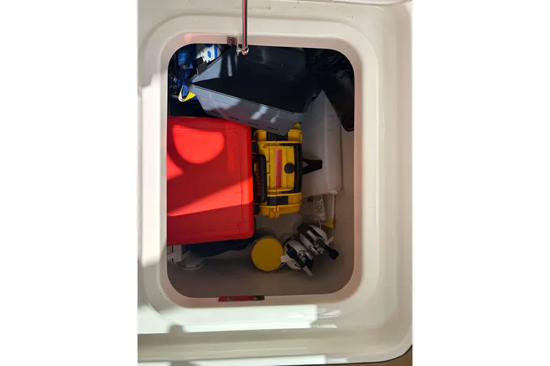 Slide: The Image of Storage compartment on a 2017 Boston Whaler 320 Vantage, filled with various boating equipment. - 49