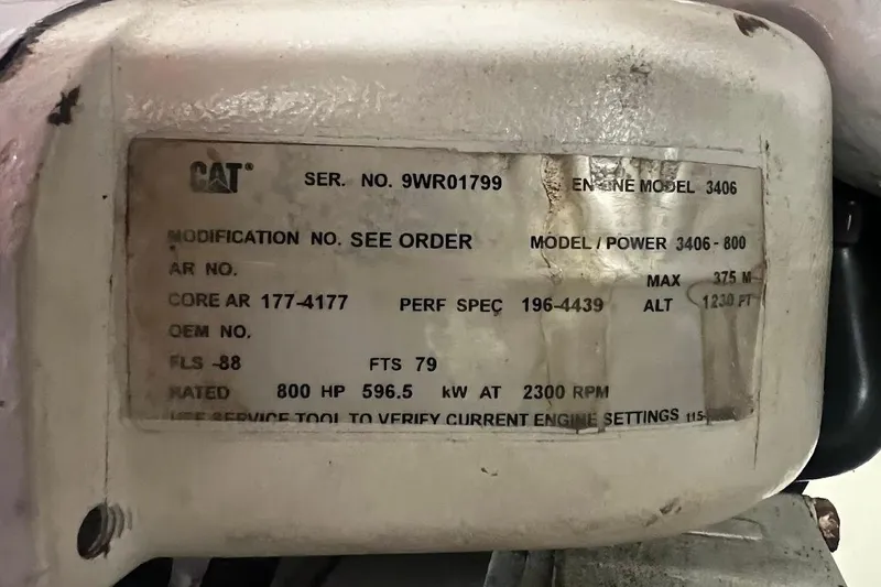 Slide: The Image of CAT engine label on a 2002 Ocean Yachts 56 Super Sport, model 3406, 800 HP. - 55