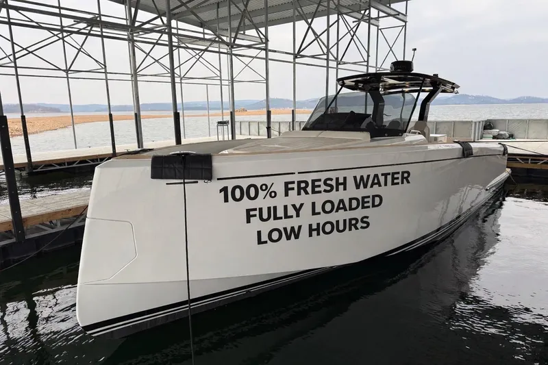 The Image of 2025 Pardo Yachts P38 docked, featuring "100% Fresh Water, Fully Loaded, Low Hours" text. - 0
