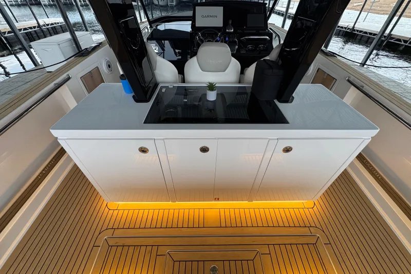 Slide: The Image of Luxury interior of 2025 Pardo Yachts P38 with sleek design and ambient lighting. - 10