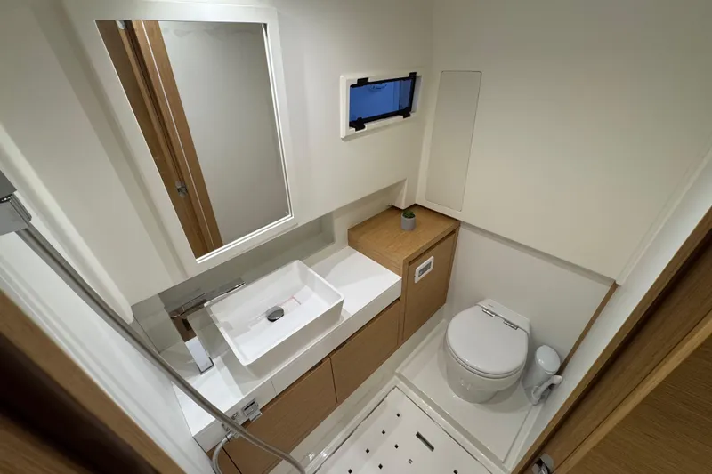 Slide: The Image of Modern bathroom interior of 2025 Pardo Yachts P38, featuring sleek design and compact amenities. - 25