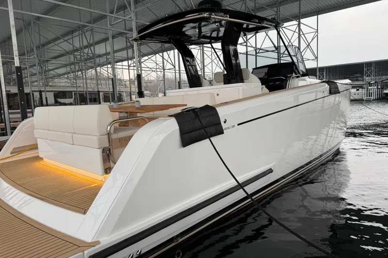 Slide: The Image of 2025 Pardo Yachts P38 luxury yacht docked in a marina, showcasing sleek design and modern features. - 3