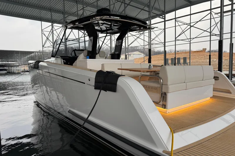 Slide: The Image of 2025 Pardo Yachts P38 luxury yacht docked in a covered marina. - 4