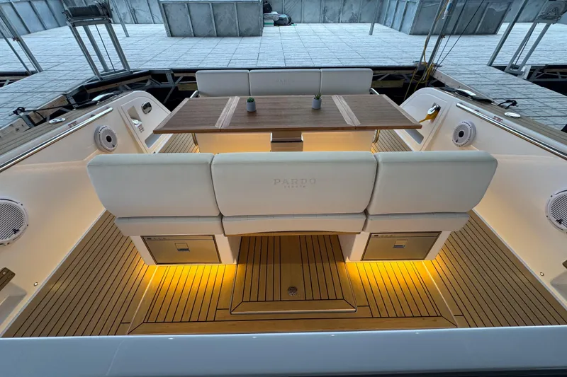 Slide: The Image of Luxurious 2025 Pardo Yachts P38 interior with elegant seating and ambient lighting. - 9