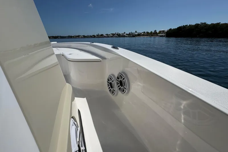 Slide: The Image of 2025 Blackwater 23 Bay boat interior with speakers, on calm water. - 36