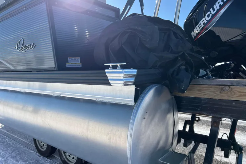 Slide: The Image of 2024 Qwest 8520 DH RLS LT pontoon boat with Mercury engine, side view. - 13