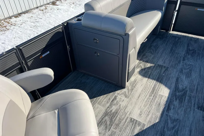 Slide: The Image of 2024 Qwest 8520 DH RLS LT boat interior with gray seating and flooring. - 38