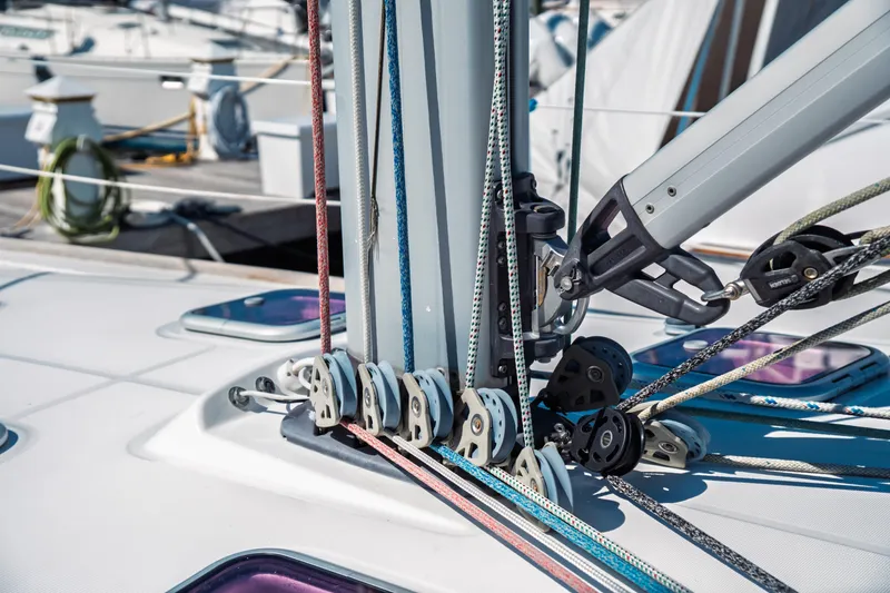 Slide: The Image of Close-up of rigging on a 2011 Beneteau Oceanis 50 sailboat at a marina. - 22