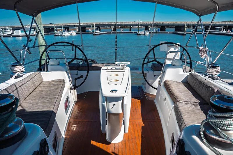 Slide: The Image of Cockpit view of 2011 Beneteau Oceanis 50 sailboat with dual steering wheels. - 9