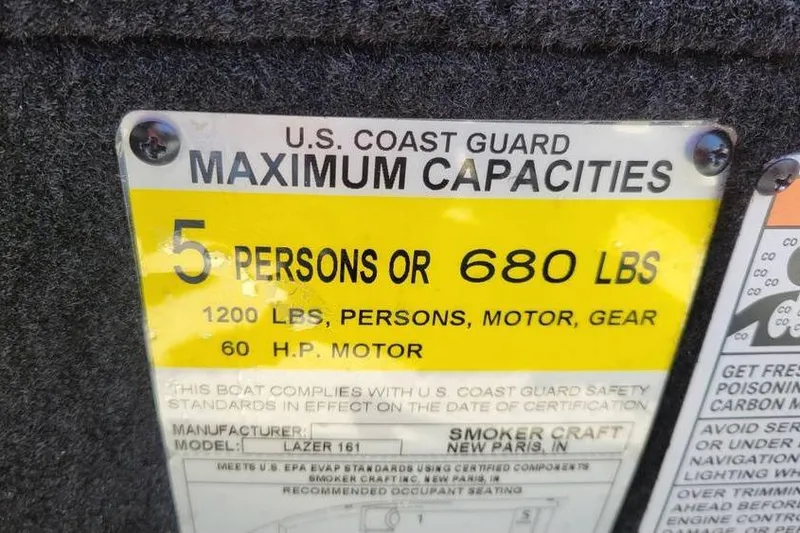 Slide: The Image of U.S. Coast Guard capacity label for 2026 Smoker Craft Lazer 161 boat. - 10