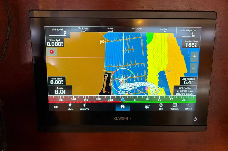 Slide: The Image of Garmin navigation display on 1998 Catalina 380 sailboat, showing GPS and wind data. - 11
