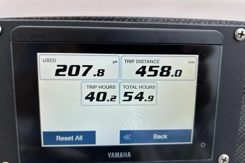 Slide: The Image of Yamaha display showing fuel usage, trip distance, and hours for 2011 Grady-White Freedom 225. - 14