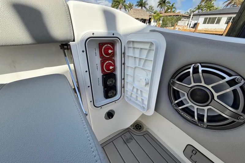 Slide: The Image of 2023 Cape Horn 32 XS boat interior with control panel and speaker. - 48