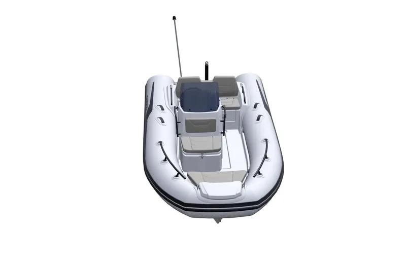 Slide: The Image of 2026 Grand Inflatables G420 boat, white with seating and steering console, viewed from above. - 4