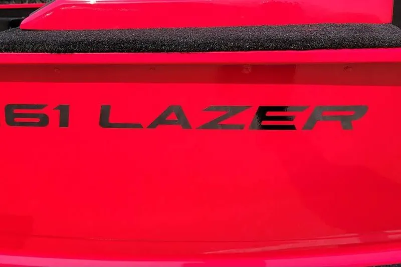 Slide: The Image of Red Smoker Craft Lazer 161 boat, model year 2026, with bold lettering. - 2