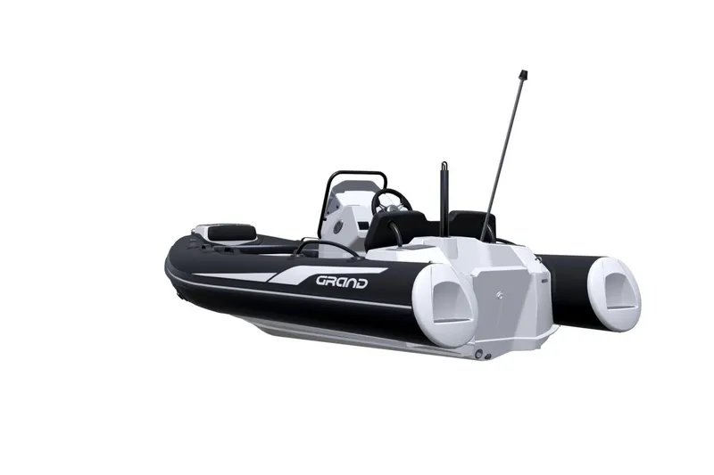 Slide: The Image of 2026 Grand Inflatables G380N boat, sleek black and white design, rear view. - 10