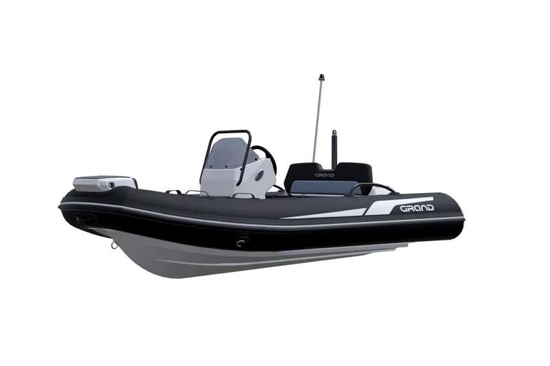 Slide: The Image of 2026 Grand Inflatables G380N boat, sleek black design, modern console, and advanced features. - 4