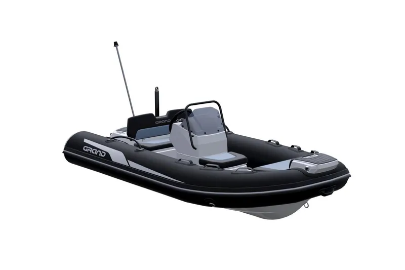 Slide: The Image of 2026 Grand Inflatables G380N boat, sleek black design, modern features, side view. - 7