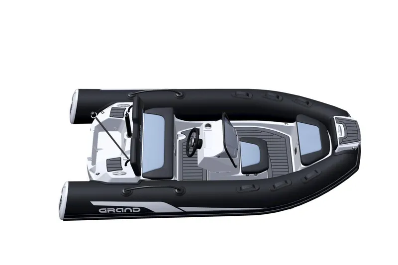 Slide: The Image of 2026 Grand Inflatables G380N boat, top view, sleek black and white design. - 8