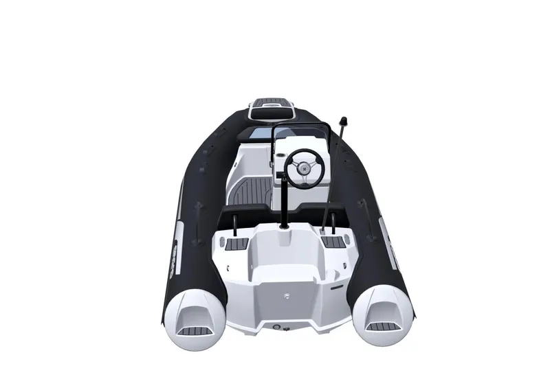 Slide: The Image of 2026 Grand Inflatables G380N boat, black and white design, front view. - 9
