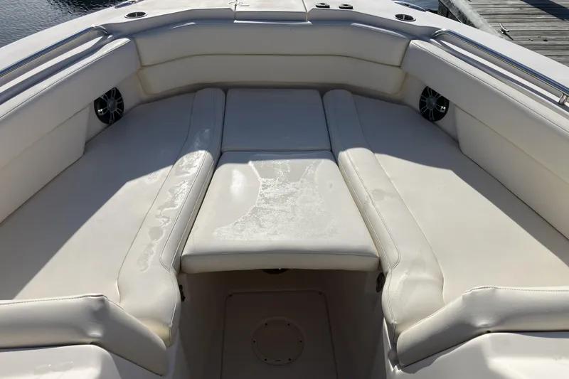 Slide: The Image of 2019 Grady-White Freedom 307 boat interior with cushioned seating and speakers. - 20