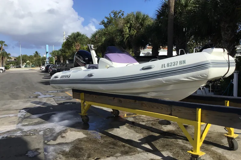 Slide: The Image of 2018 Brig E 480 inflatable boat on trailer, parked near palm trees. - 2