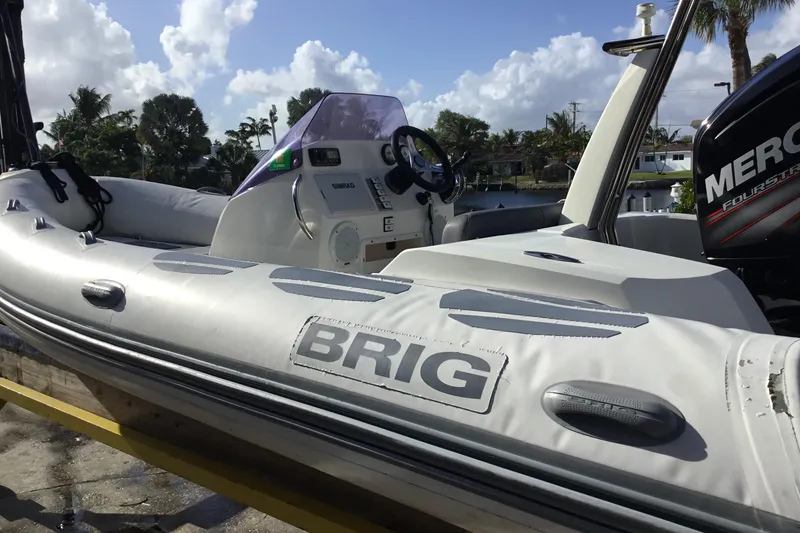 Slide: The Image of 2018 Brig E 480 inflatable boat with Mercury engine, docked under a sunny sky. - 7