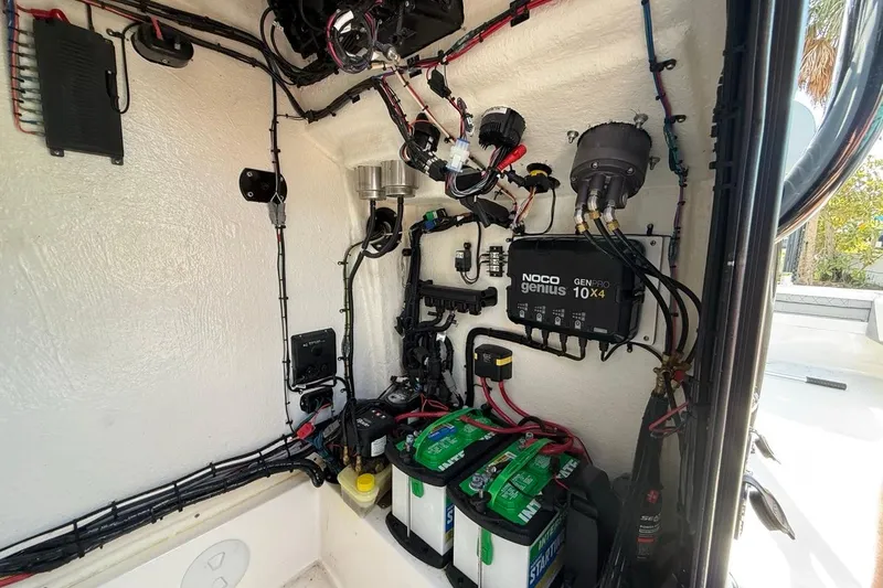 Slide: The Image of Electrical system inside 2024 Xplor X24, featuring NOCO Genius charger and batteries. - 28