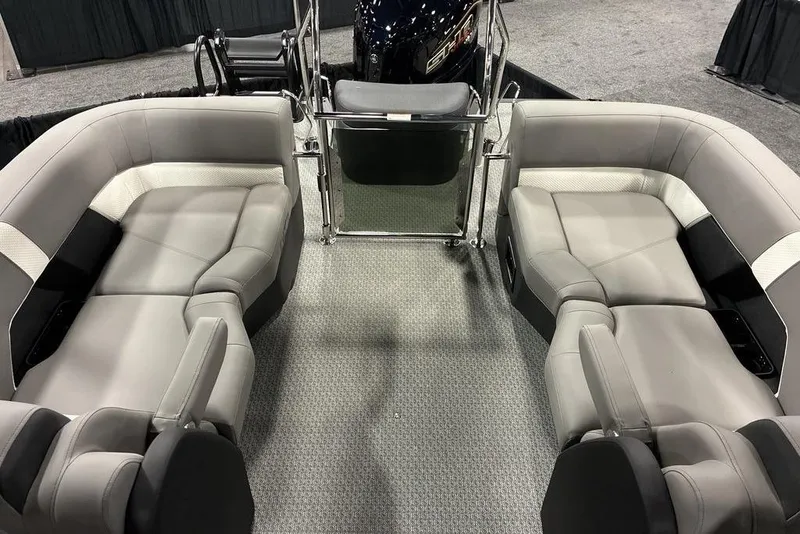 Slide: The Image of Luxurious interior of 2026 Evotti 721QL boat with plush gray seating. - 7