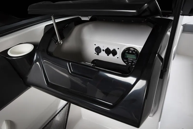 Slide: The Image of 2019 Scarab 195 G boat interior with white and gray seating, open bow design. - 6