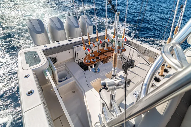 Slide: The Image of Tower view of 2026 SeaVee 420Z boat against clear blue sky. - 42