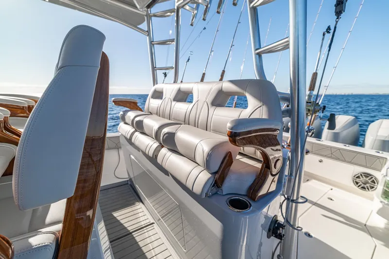 Slide: The Image of Open cooler with ice and drinks on a 2026 SeaVee 420Z boat. - 52